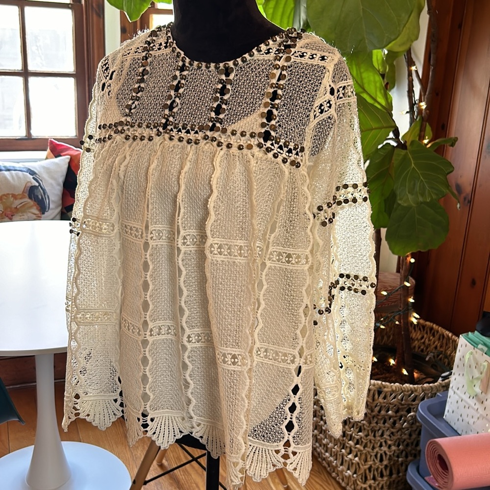Anthropologie Maeve Auralis Lace Blouse Size Large Eyelet Studded Boho Top